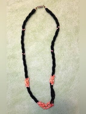 Black Beaded Necklace with Pink Coral Accents